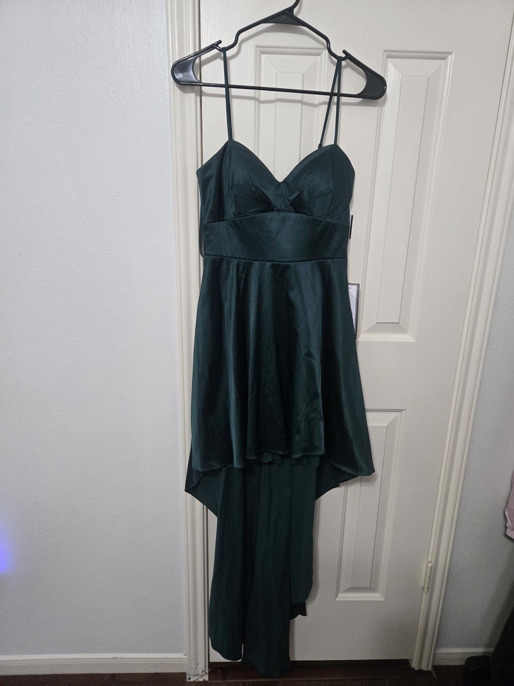 City Studio Forest Green Satin High-Low Dress with Spaghetti Straps